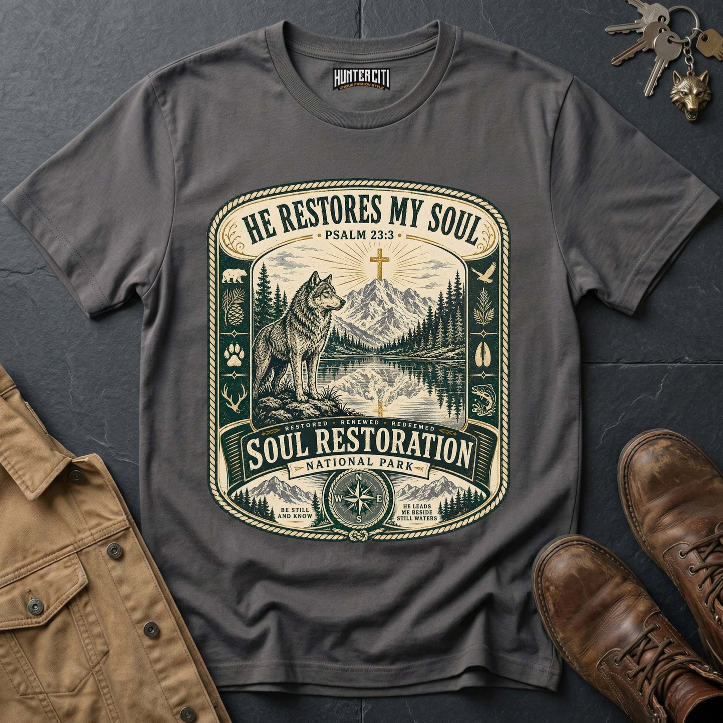 He Restores My Soul National Park Wolf T-Shirt - Psalm 23:3 Christian Tee