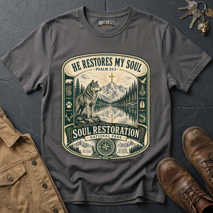 He Restores My Soul National Park Wolf T-Shirt - Psalm 23:3 Christian Tee