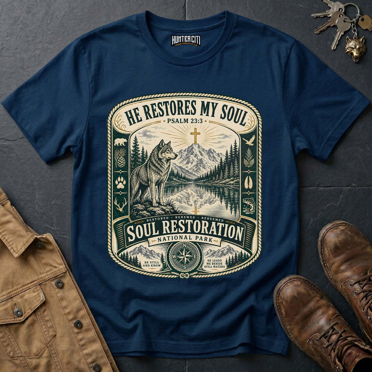 He Restores My Soul National Park Wolf T-Shirt - Psalm 23:3 Christian Tee