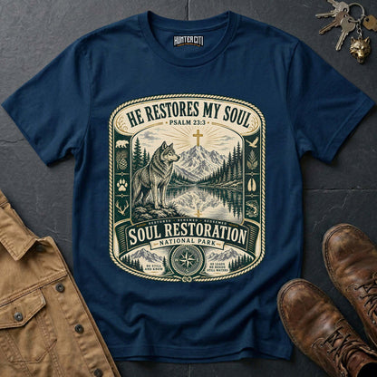 He Restores My Soul National Park Wolf T-Shirt - Psalm 23:3 Christian Tee