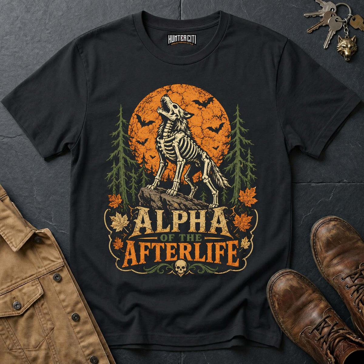 Alpha of the Afterlife - Skeleton Wolf Moon Vintage Wolf Halloween T Shirt