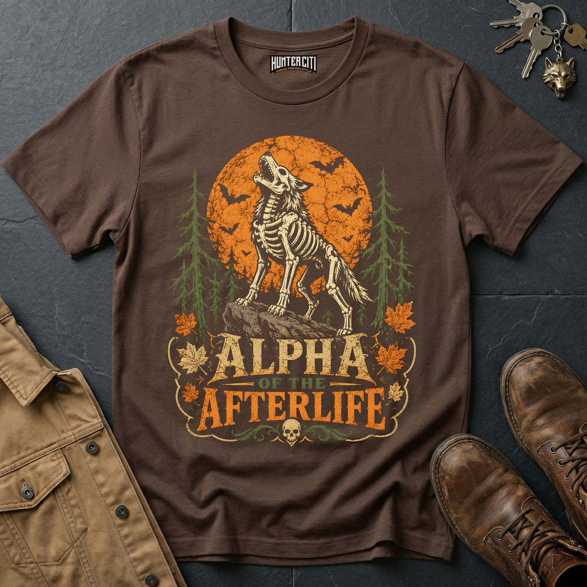Alpha of the Afterlife - Skeleton Wolf Moon Vintage Wolf Halloween T Shirt