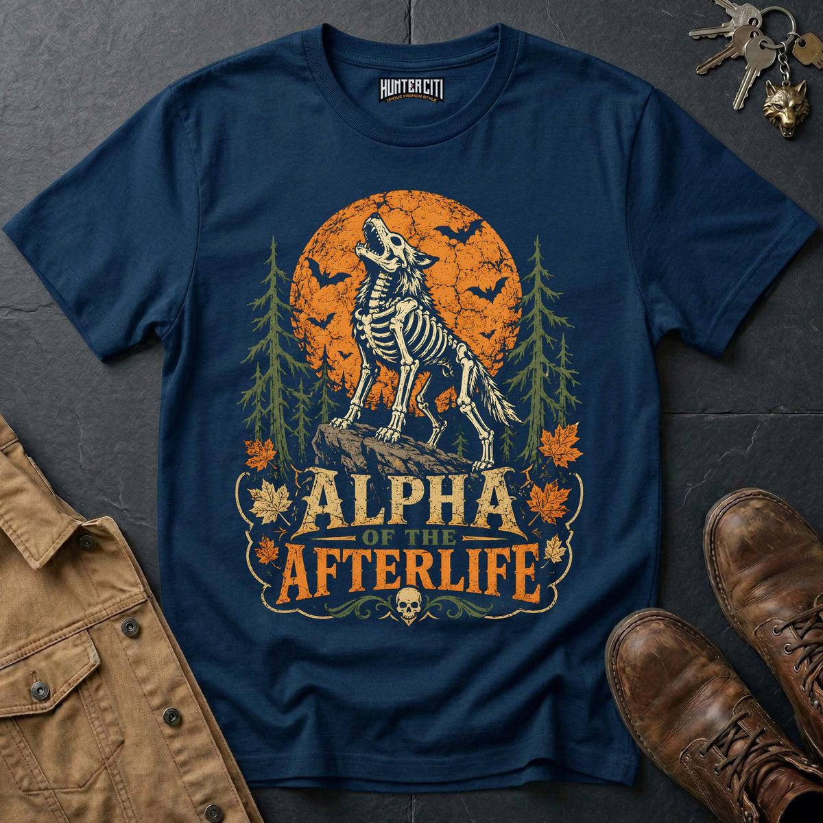 Alpha of the Afterlife - Skeleton Wolf Moon Vintage Wolf Halloween T Shirt