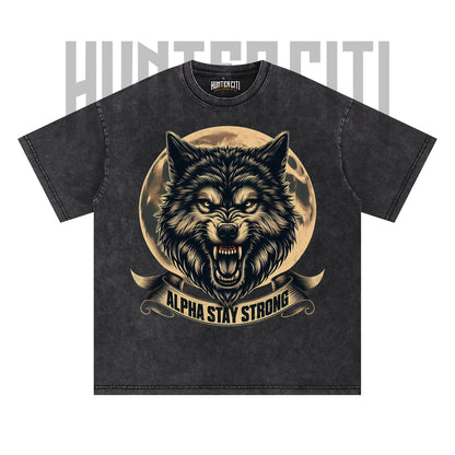 Alpha Stay Strong Wolf T-Shirt, Vintage 90s Graphic Tee, Oversize Acid Wash Unisex T-Shirt, Gift for Wolf Lovers