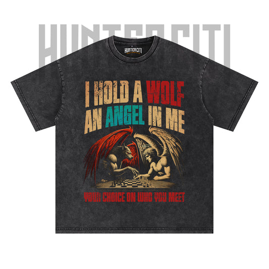 I Hold A Wolf An Angel In Me T-Shirt, Wolf and Angel Graphic Tee, Vintage 90s Style Oversize Unisex T-Shirt, Gift for Meme Lovers