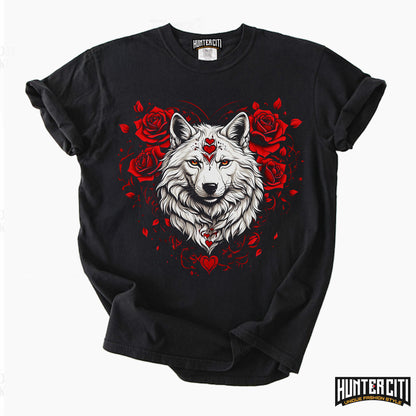 Valentine Wolf Rose Unisex T-Shirt – Comfort Colors 1717 Vintage Washed Tee for Wolf Lovers