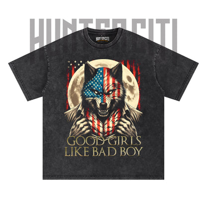Good Girls Like Bad Boys Funny Wolf T-Shirt, American Flag Wolf Graphic Tee, Vintage 90s Style Oversize Unisex T-Shirt, Meme Gift for Bad Boy