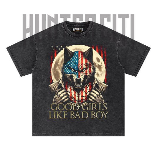 Good Girls Like Bad Boys Funny Wolf T-Shirt, American Flag Wolf Graphic Tee, Vintage 90s Style Oversize Unisex T-Shirt, Meme Gift for Bad Boy