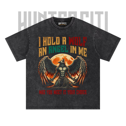 I Hold A Wolf An Angel In Me T-Shirt, Wolf and Angel Graphic Tee, Vintage 90s Style Oversize Unisex T-Shirt, Gift for Meme and Wolf Lovers