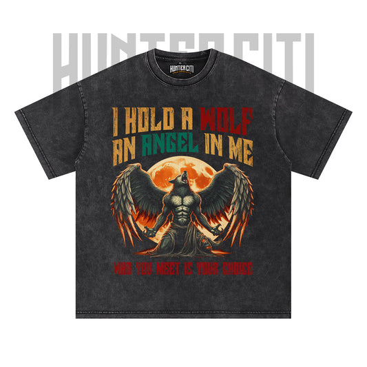 I Hold A Wolf An Angel In Me T-Shirt, Wolf and Angel Graphic Tee, Vintage 90s Style Oversize Unisex T-Shirt, Gift for Meme and Wolf Lovers