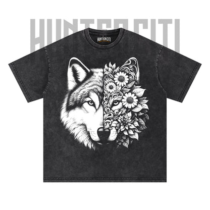 Floral Wolf Face T-Shirt, Wolf and Flowers Graphic Tee, Vintage 90s Style Oversize Unisex T-Shirt, Artistic Wolf Lover Gift