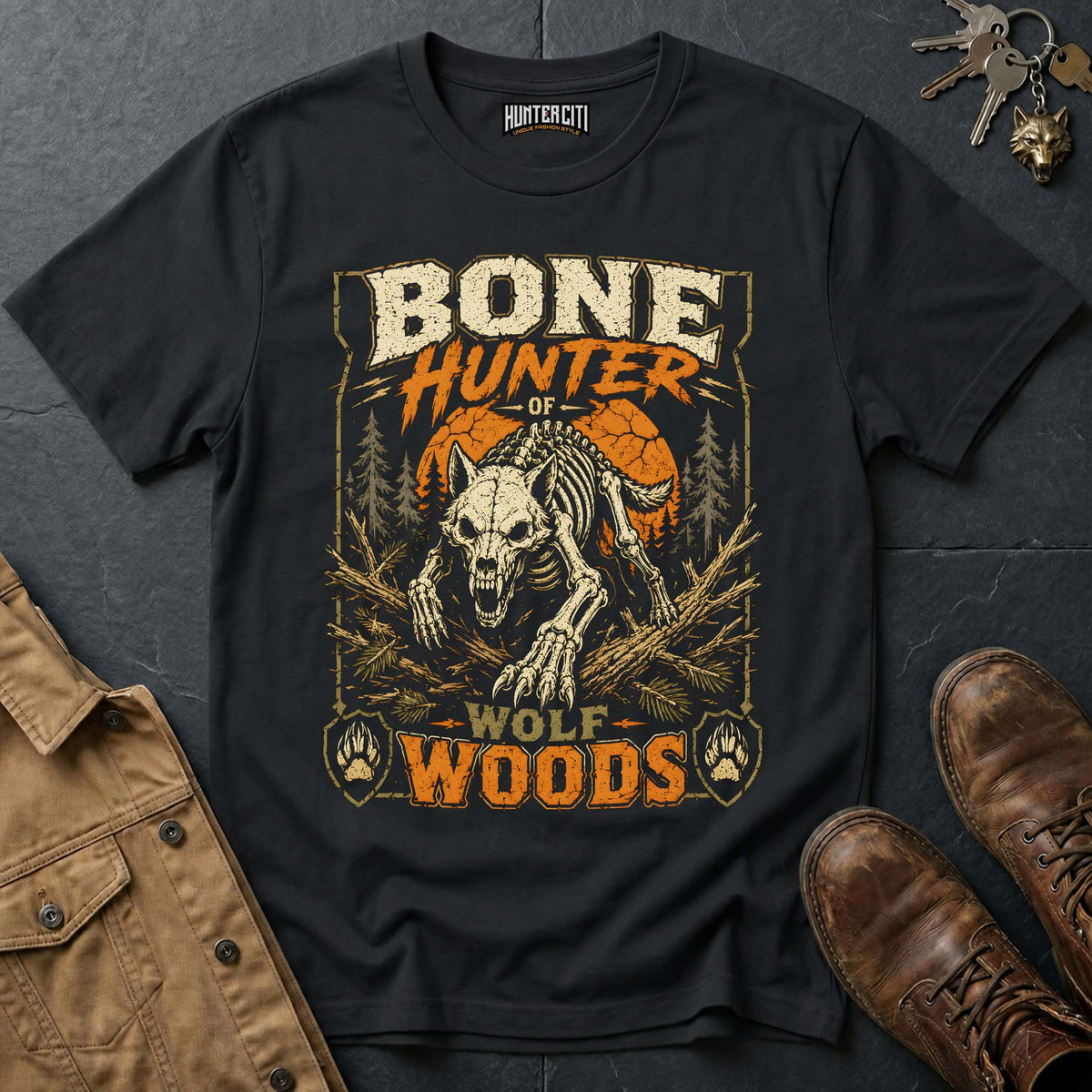 Bone Hunter - Wolf Woods Vintage Wolf Halloween T Shirt