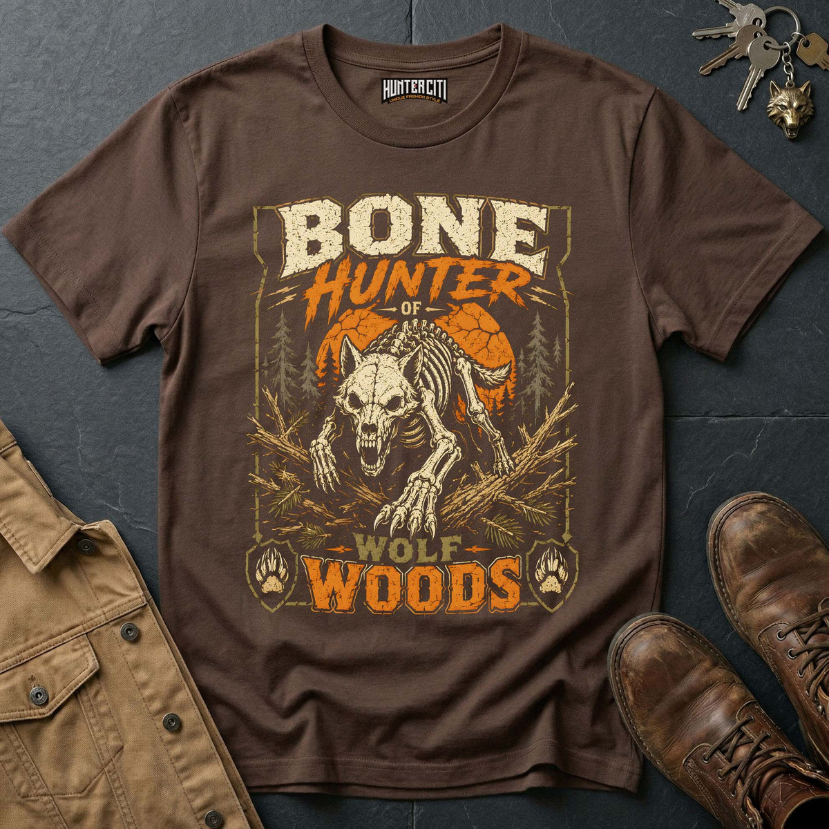 Bone Hunter - Wolf Woods Vintage Wolf Halloween T Shirt