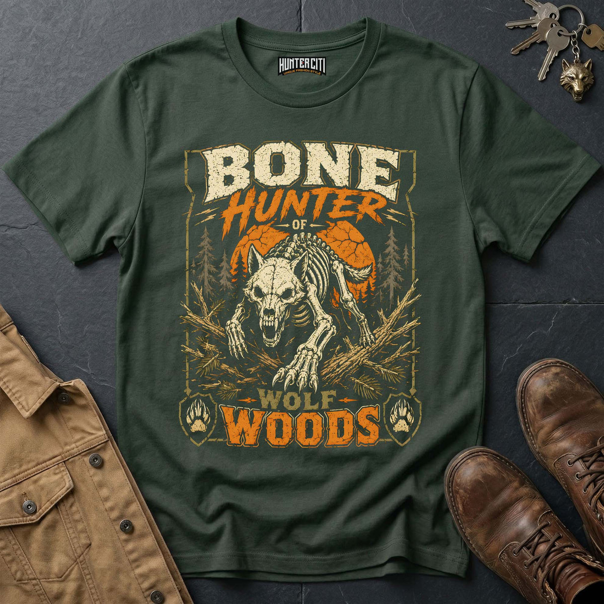 Bone Hunter - Wolf Woods Vintage Wolf Halloween T Shirt