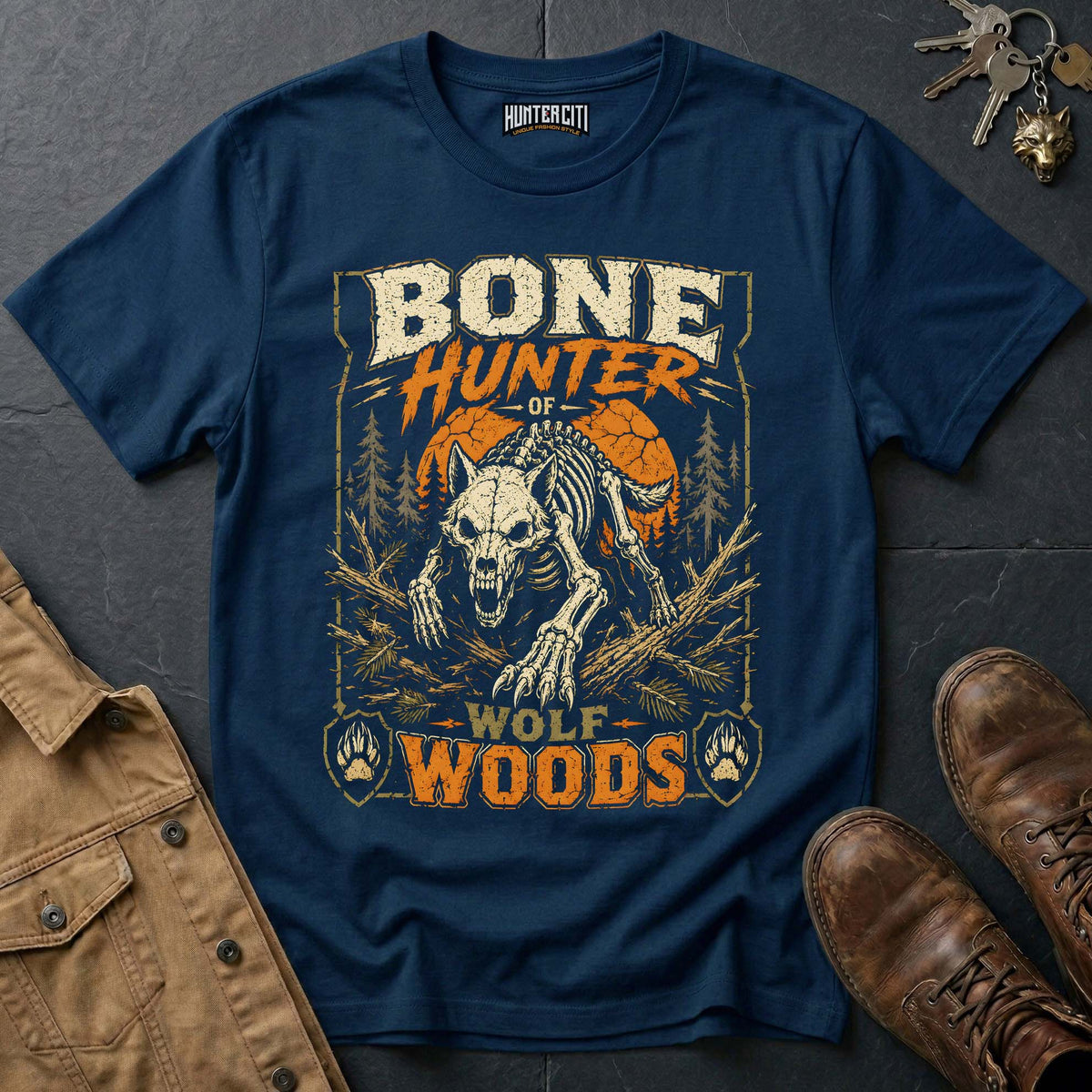 Bone Hunter - Wolf Woods Vintage Wolf Halloween T Shirt