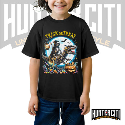 Skeleton Riding Mummy Dinosaur T Rex Halloween Funny Pumpkin Kids T-Shirt - Cute Dinosaur Skeleton Halloween Shirt for Boys & Girls