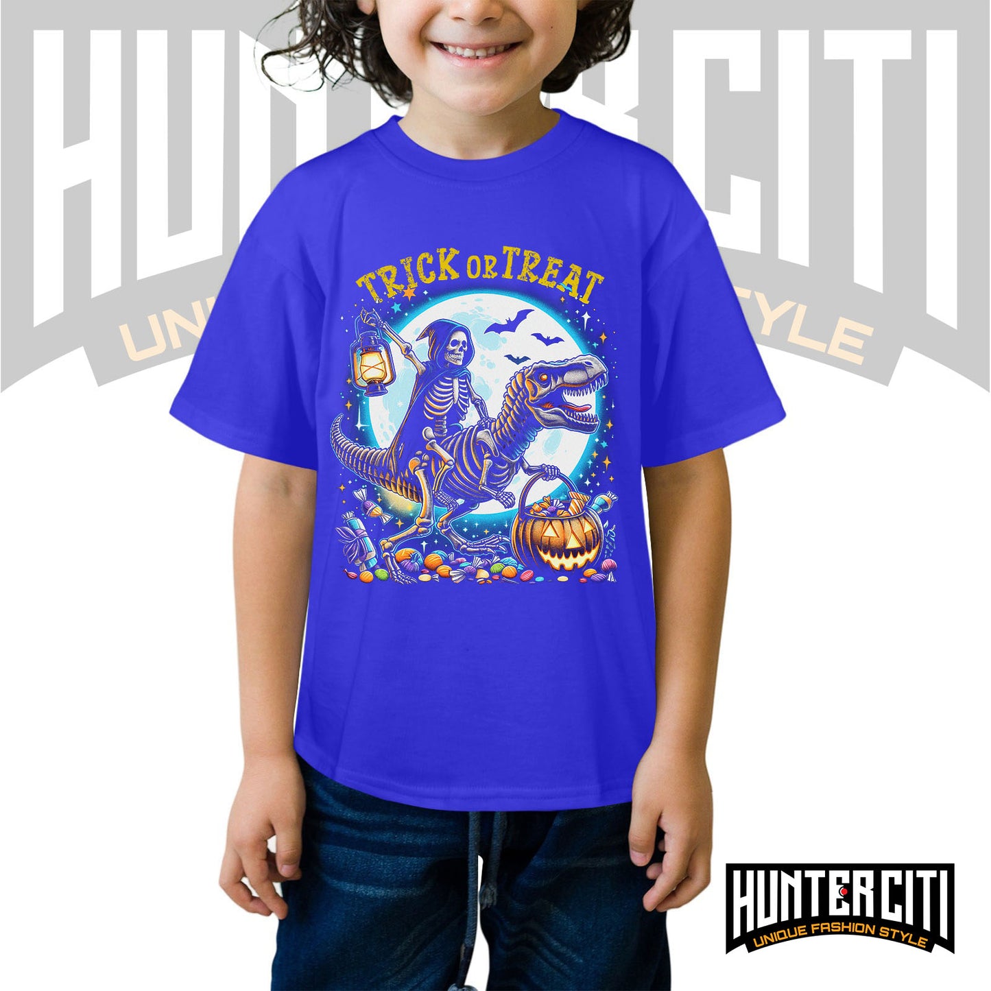 Skeleton Riding Mummy Dinosaur T Rex Halloween Funny Pumpkin Kids T-Shirt - Cute Dinosaur Skeleton Halloween Shirt for Boys & Girls