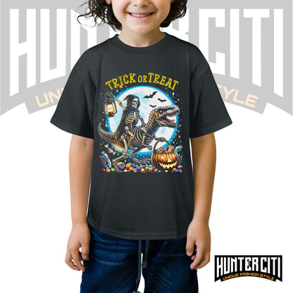 Skeleton Riding Mummy Dinosaur T Rex Halloween Funny Pumpkin Kids T-Shirt - Cute Dinosaur Skeleton Halloween Shirt for Boys & Girls