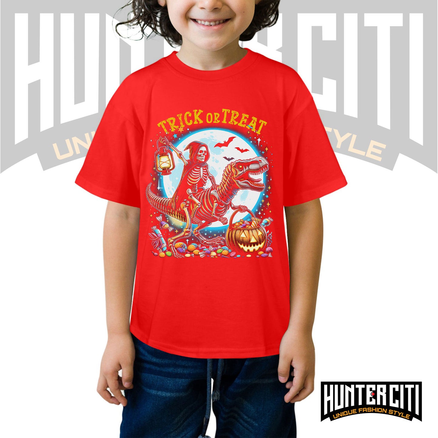 Skeleton Riding Mummy Dinosaur T Rex Halloween Funny Pumpkin Kids T-Shirt - Cute Dinosaur Skeleton Halloween Shirt for Boys & Girls