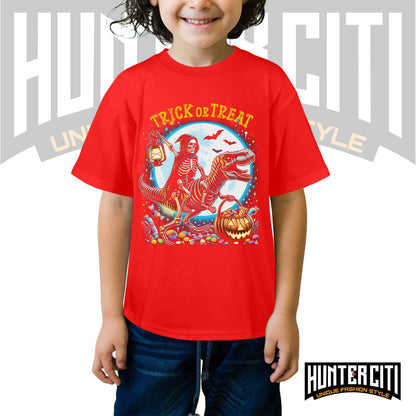 Skeleton Riding Mummy Dinosaur T Rex Halloween Funny Pumpkin Kids T-Shirt - Cute Dinosaur Skeleton Halloween Shirt for Boys & Girls
