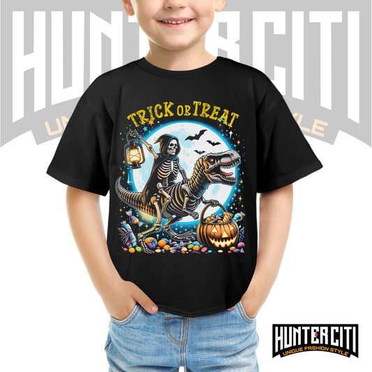 Skeleton Riding Mummy Dinosaur T Rex Halloween Funny Pumpkin Kids T-Shirt - Cute Dinosaur Skeleton Halloween Shirt for Boys & Girls