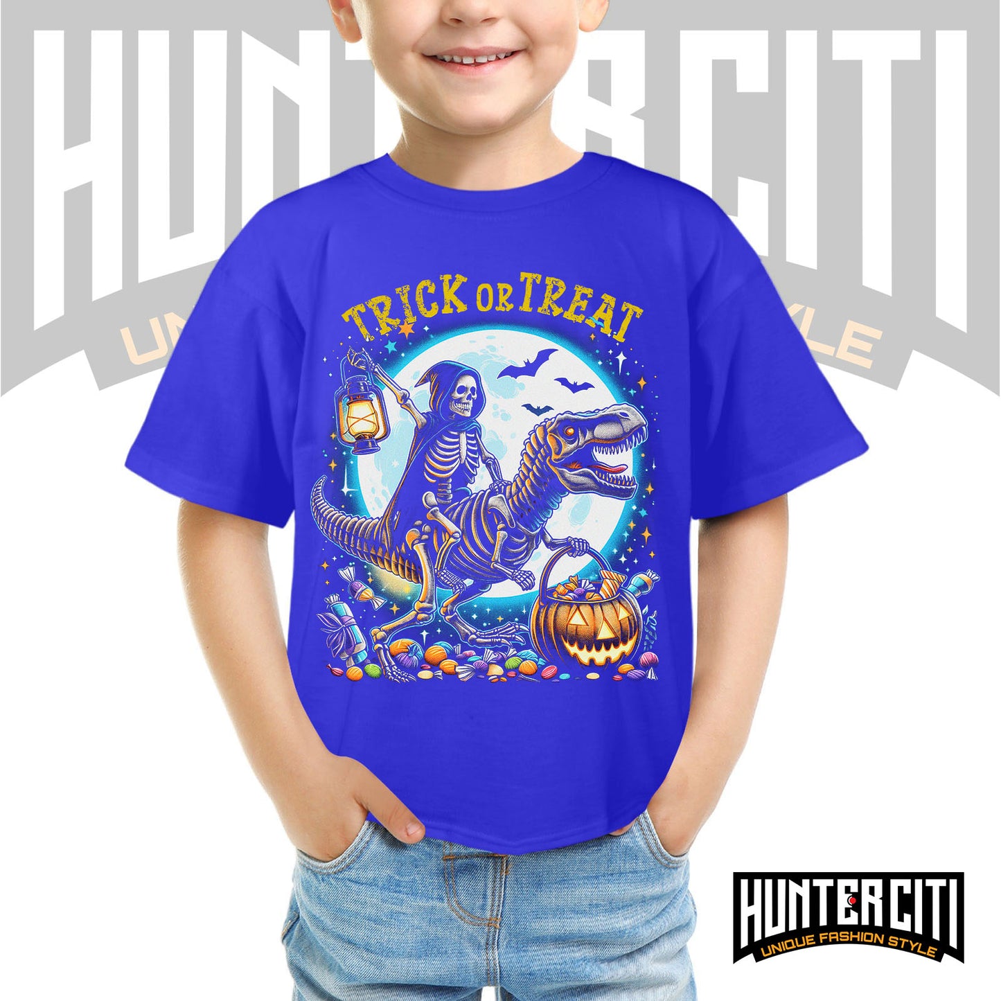 Skeleton Riding Mummy Dinosaur T Rex Halloween Funny Pumpkin Kids T-Shirt - Cute Dinosaur Skeleton Halloween Shirt for Boys & Girls