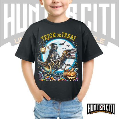 Skeleton Riding Mummy Dinosaur T Rex Halloween Funny Pumpkin Kids T-Shirt - Cute Dinosaur Skeleton Halloween Shirt for Boys & Girls