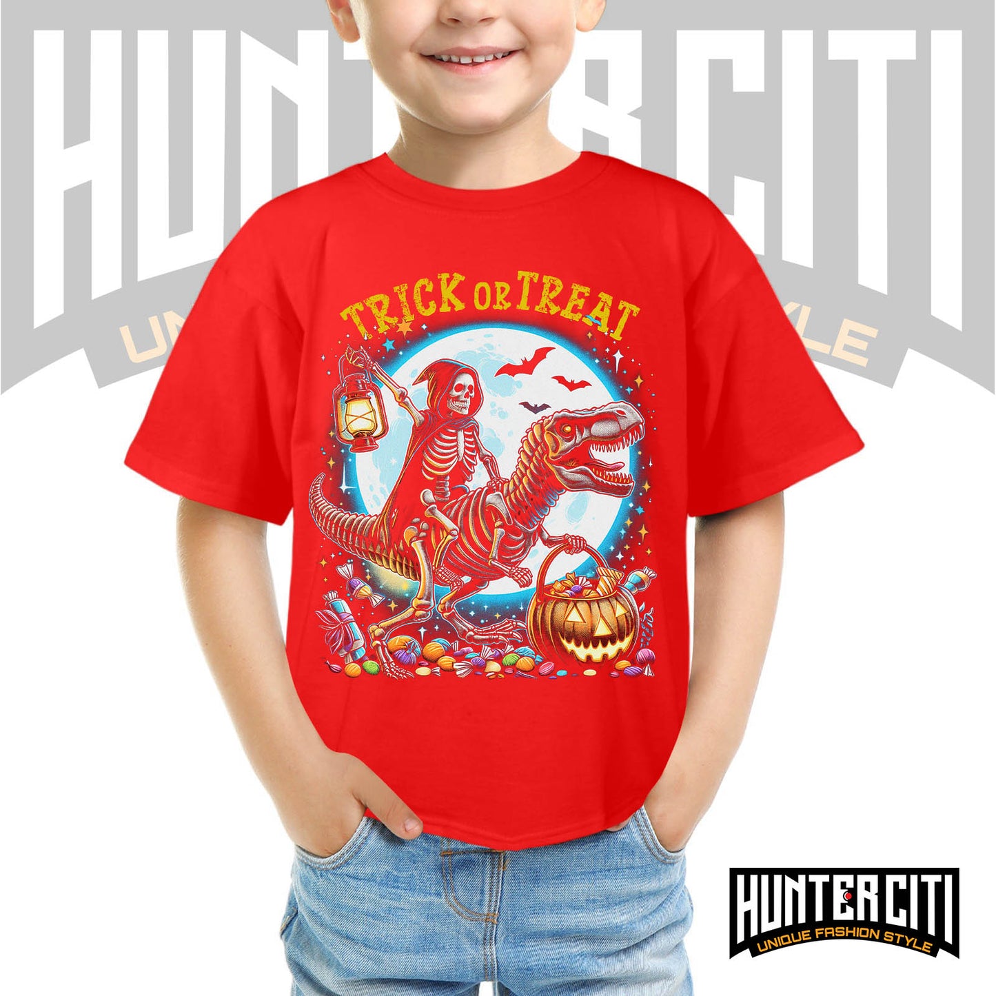 Skeleton Riding Mummy Dinosaur T Rex Halloween Funny Pumpkin Kids T-Shirt - Cute Dinosaur Skeleton Halloween Shirt for Boys & Girls
