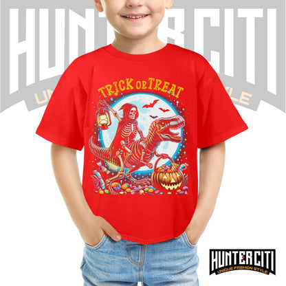 Skeleton Riding Mummy Dinosaur T Rex Halloween Funny Pumpkin Kids T-Shirt - Cute Dinosaur Skeleton Halloween Shirt for Boys & Girls