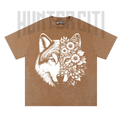 Floral Wolf Face T-Shirt, Wolf and Flowers Graphic Tee, Vintage 90s Style Oversize Unisex T-Shirt, Artistic Wolf Lover Gift