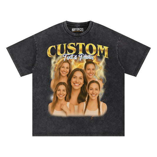 Women's Personalized Bootleg Style Acid Wash Oversized T-Shirt – Custom Photo & Text | Unique Vintage Gift for Her