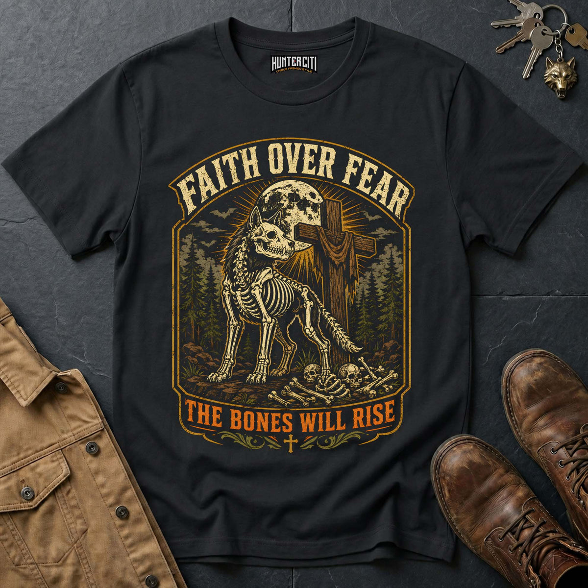 Faith Over Fear - The Bones Will Rise Vintage Christian Wolf Halloween T Shirt