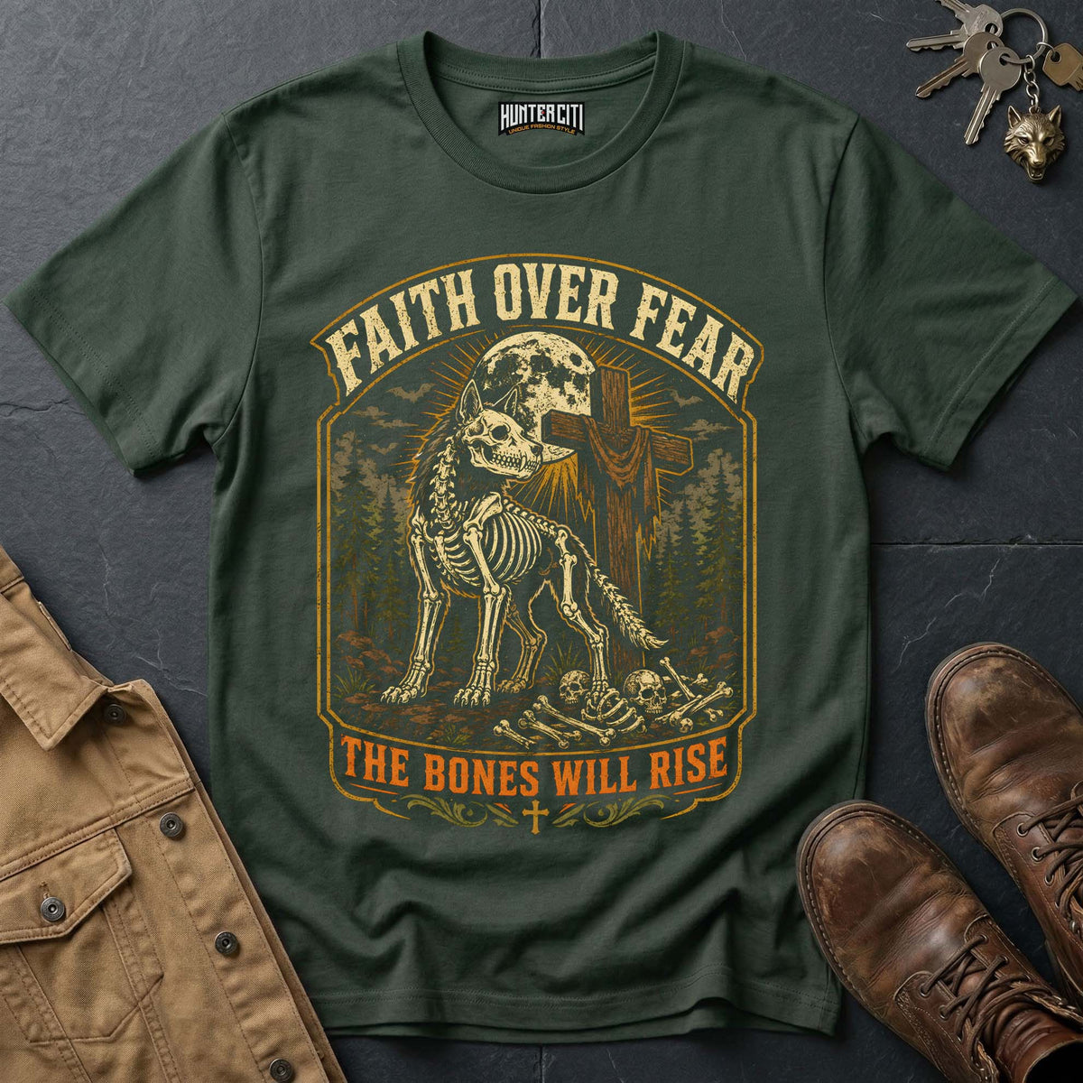 Faith Over Fear - The Bones Will Rise Vintage Christian Wolf Halloween T Shirt