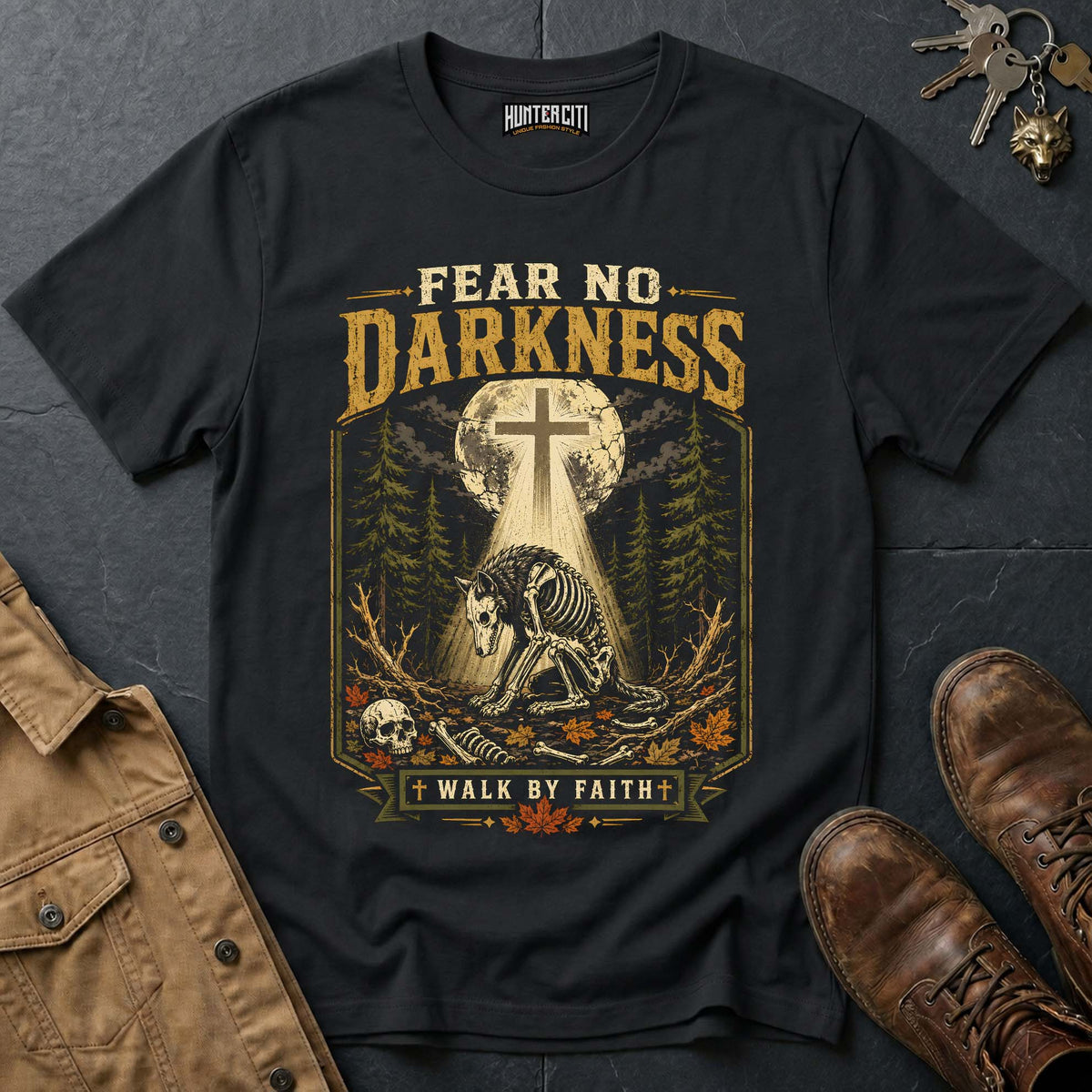 Fear No Darkness - Walk by Faith Wolf Vintage Christian Wolf Halloween T Shirt