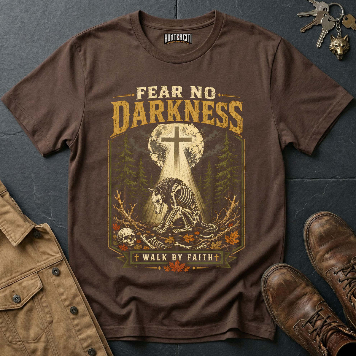 Fear No Darkness - Walk by Faith Wolf Vintage Christian Wolf Halloween T Shirt