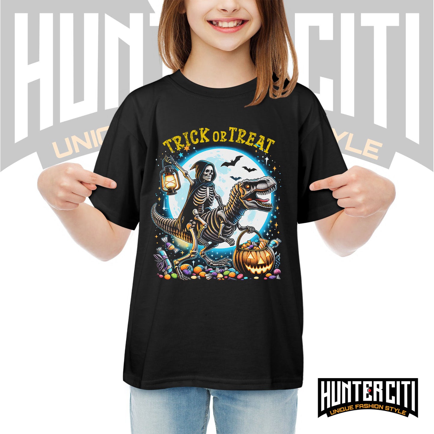 Skeleton Riding Mummy Dinosaur T Rex Halloween Funny Pumpkin Kids T-Shirt - Cute Dinosaur Skeleton Halloween Shirt for Boys & Girls