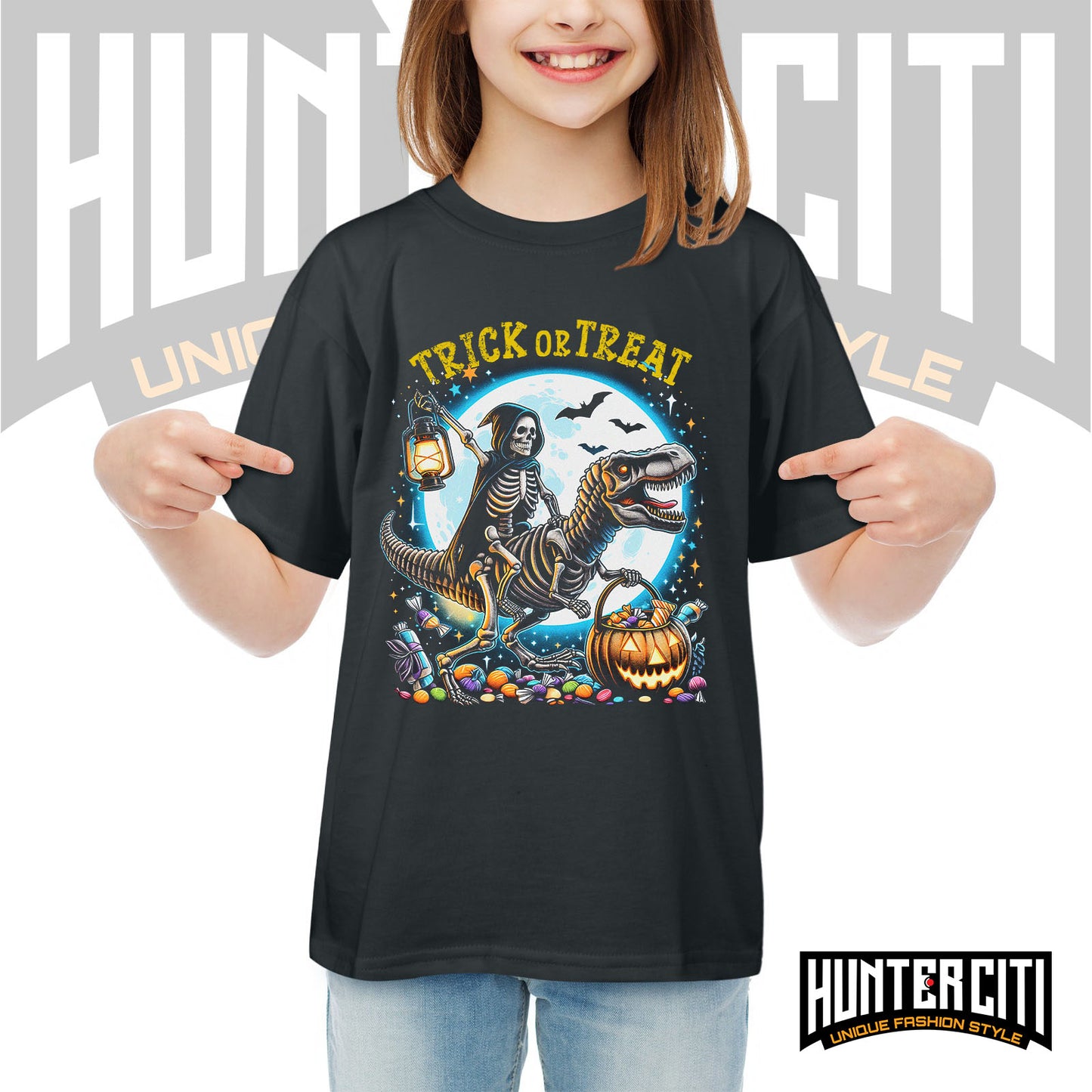 Skeleton Riding Mummy Dinosaur T Rex Halloween Funny Pumpkin Kids T-Shirt - Cute Dinosaur Skeleton Halloween Shirt for Boys & Girls