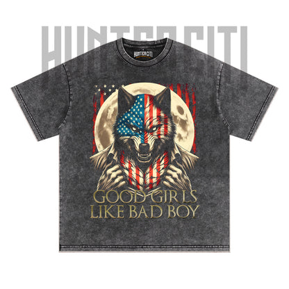Good Girls Like Bad Boys Funny Wolf T-Shirt, American Flag Wolf Graphic Tee, Vintage 90s Style Oversize Unisex T-Shirt, Meme Gift for Bad Boy