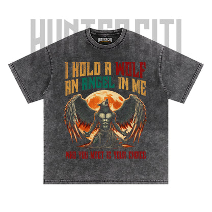I Hold A Wolf An Angel In Me T-Shirt, Wolf and Angel Graphic Tee, Vintage 90s Style Oversize Unisex T-Shirt, Gift for Meme and Wolf Lovers
