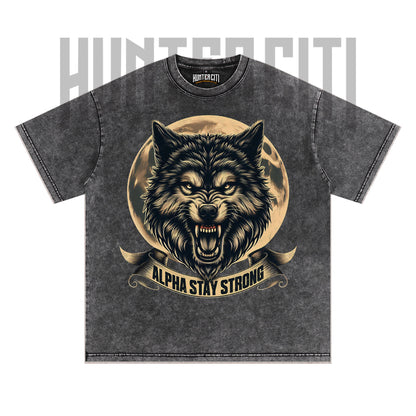 Alpha Stay Strong Wolf T-Shirt, Vintage 90s Graphic Tee, Oversize Acid Wash Unisex T-Shirt, Gift for Wolf Lovers