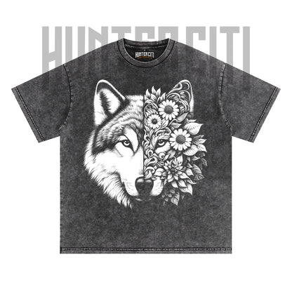 Floral Wolf Face T-Shirt, Wolf and Flowers Graphic Tee, Vintage 90s Style Oversize Unisex T-Shirt, Artistic Wolf Lover Gift