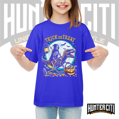Skeleton Riding Mummy Dinosaur T Rex Halloween Funny Pumpkin Kids T-Shirt - Cute Dinosaur Skeleton Halloween Shirt for Boys & Girls