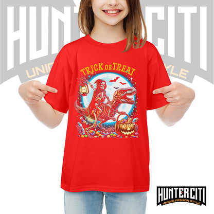 Skeleton Riding Mummy Dinosaur T Rex Halloween Funny Pumpkin Kids T-Shirt - Cute Dinosaur Skeleton Halloween Shirt for Boys & Girls