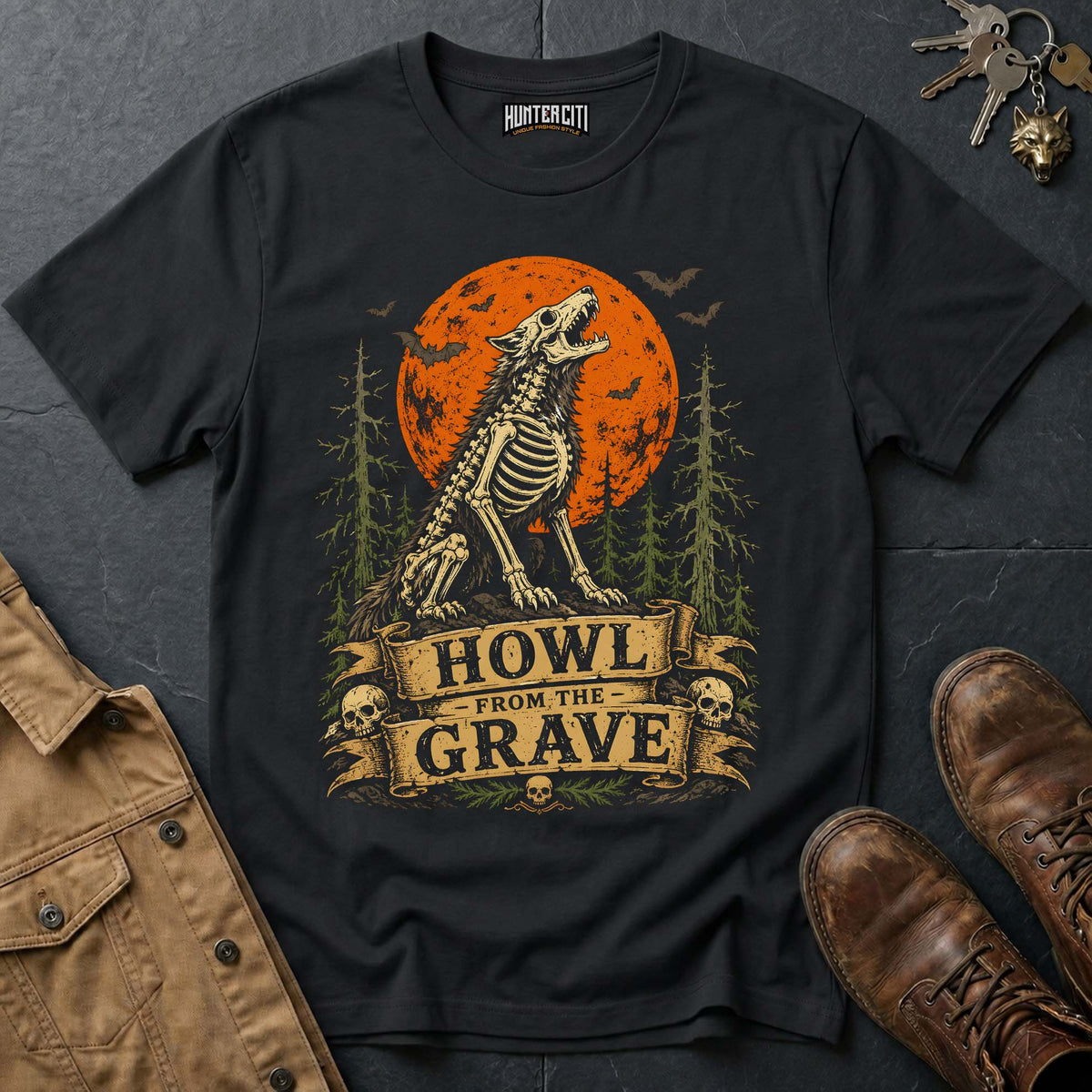 Howl from the Grave - Skeleton Wolf Moon Vintage Wolf Halloween T Shirt