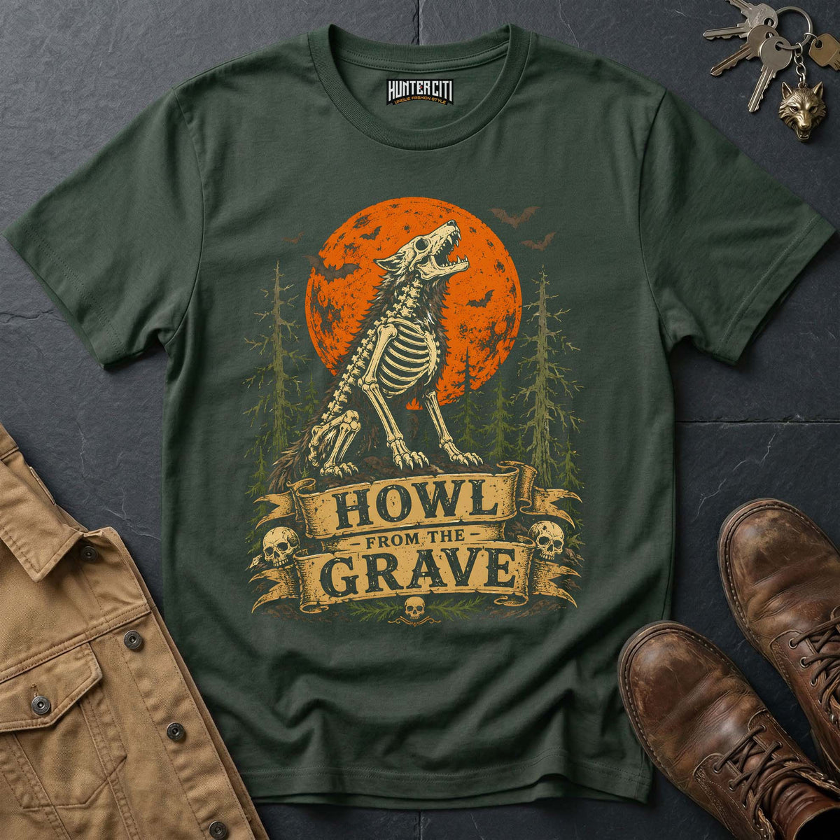 Howl from the Grave - Skeleton Wolf Moon Vintage Wolf Halloween T Shirt