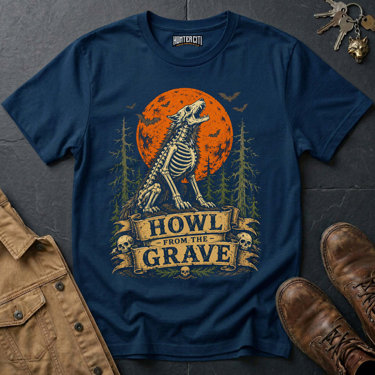 Howl from the Grave - Skeleton Wolf Moon Vintage Wolf Halloween T Shirt
