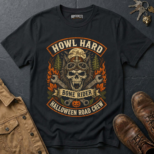 Howl Hard - Bone Rider Halloween Road Crew Vintage Wolf Halloween T Shirt