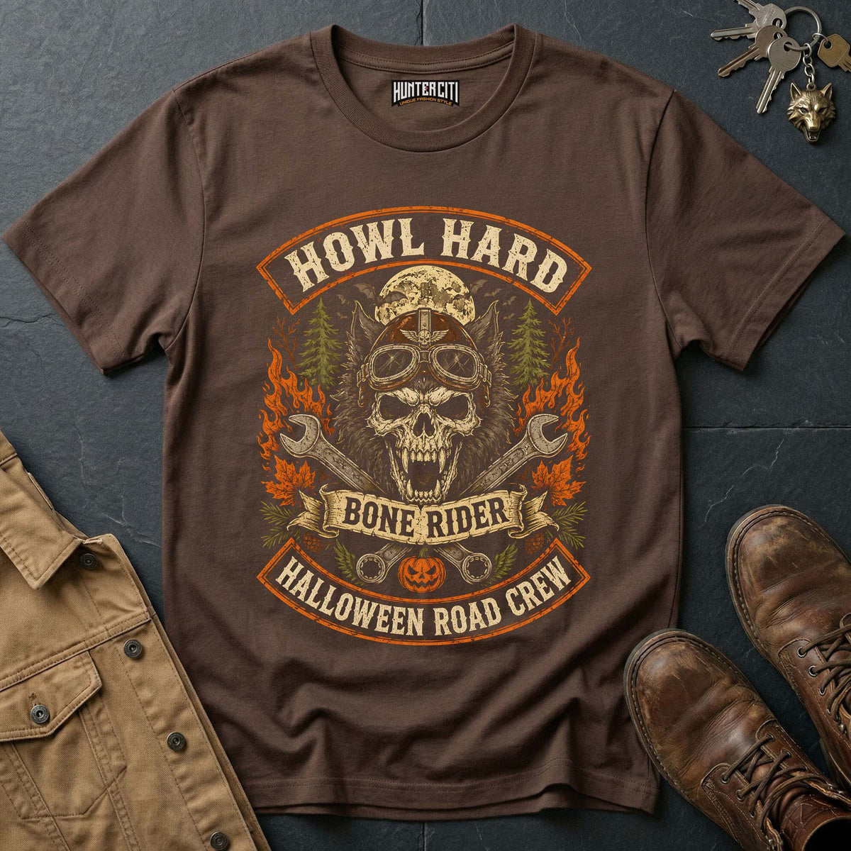 Howl Hard - Bone Rider Halloween Road Crew Vintage Wolf Halloween T Shirt
