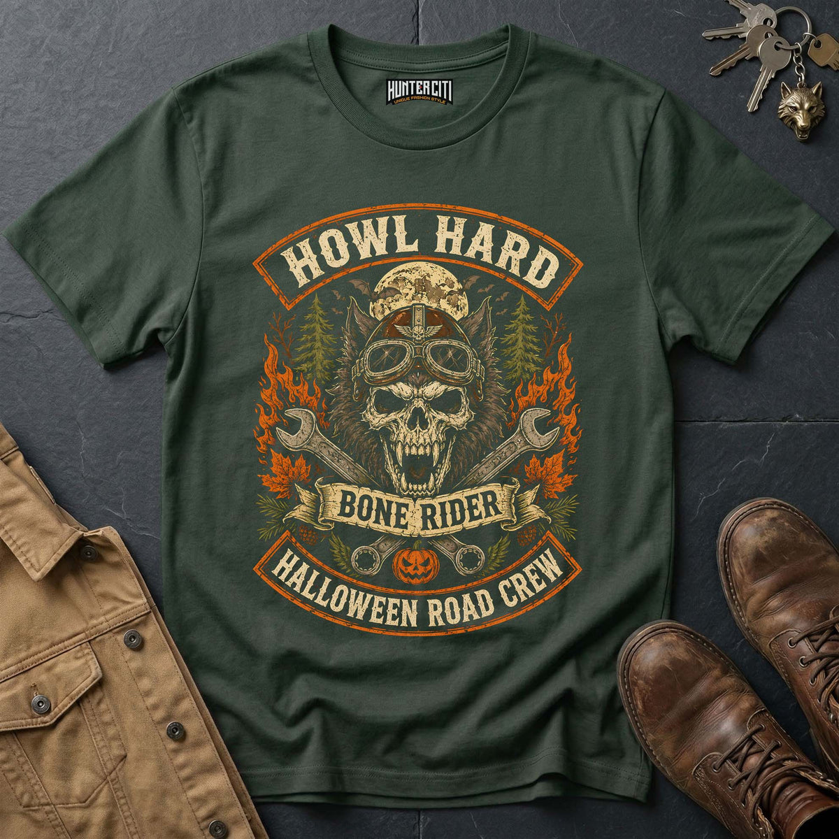 Howl Hard - Bone Rider Halloween Road Crew Vintage Wolf Halloween T Shirt