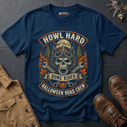 Howl Hard - Bone Rider Halloween Road Crew Vintage Wolf Halloween T Shirt